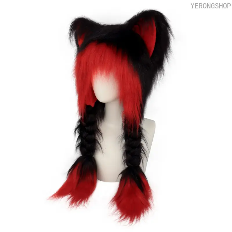 1pcs Y2K Aesthetic Anime Inspired Cute Cat Ears Plush Hat with Braids, Winter Warm Fluffy Ear Protective Hat, Halloween Cosplay Accessory, Perfect for Carnival, Easter Costume Masks Inflatable Santa Claus Deer Sleigh Set prank gift short length comforter