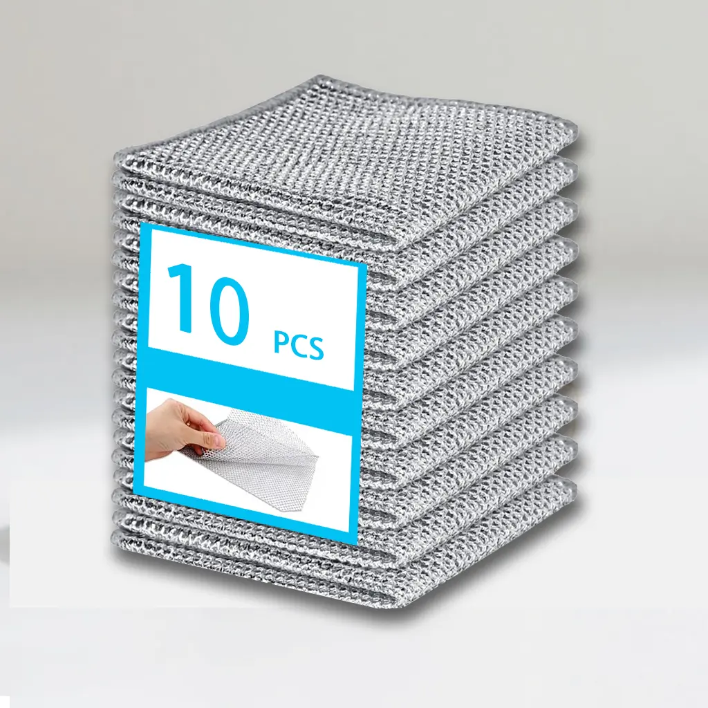 10-Pack Double-Sided Stainless Steel Mesh Type Scourers - 2-in-1 Anti-Scratch Polyester Scale Removal Tool, Kitchen Clean Essential with Double-Layer Microfiber Dishwashing Rags for Households,Reusable,lint-free,sponge,non-scratch,cleaning, magic cleaner