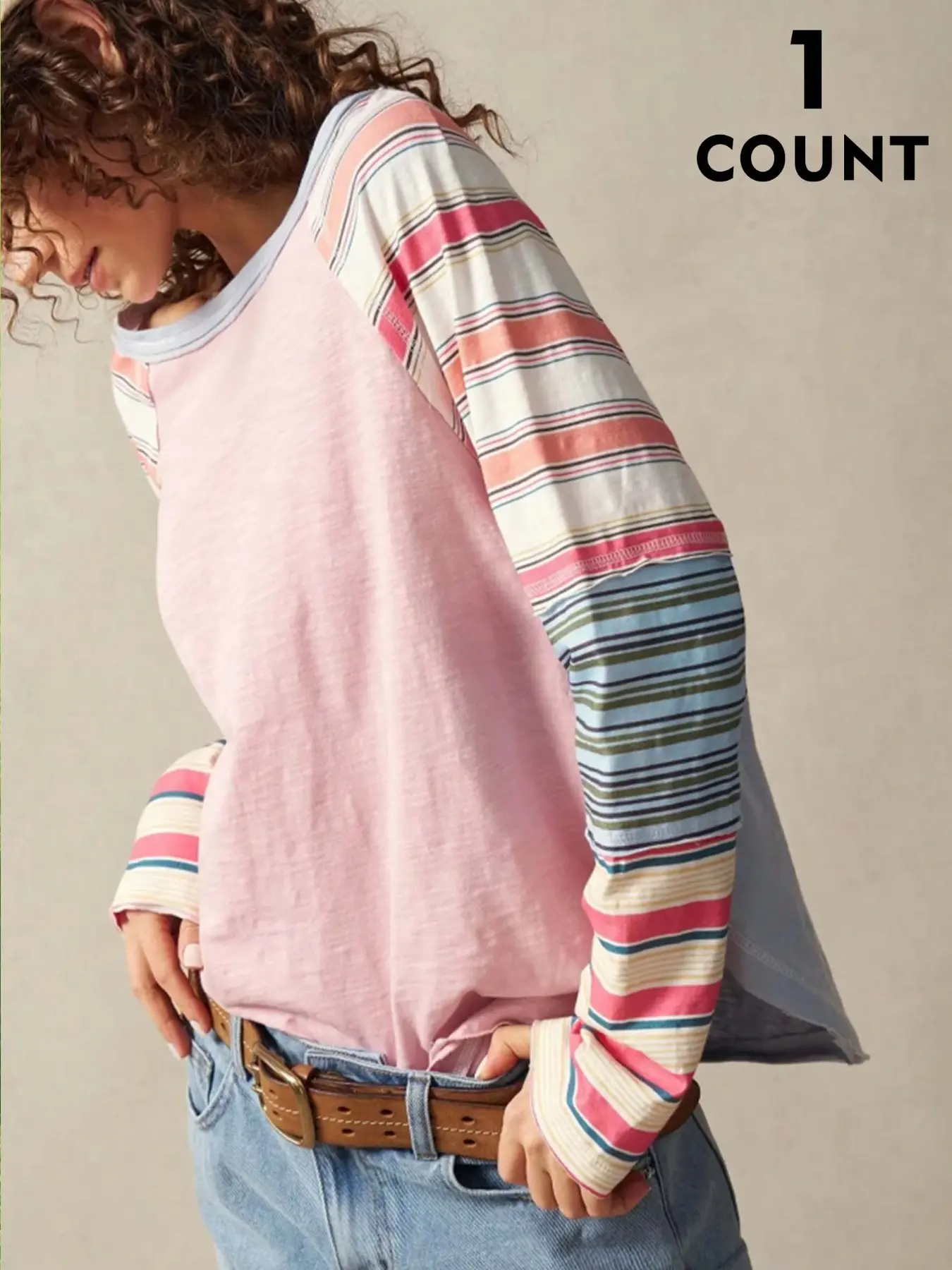Boho Style Loose-Fit Baggy T-Shirt Women, Polka Dot Pattern, Rainbow Stripe Sleeves, Front Back Blue, Vintage 90s Aesthetic, All-Season Wear