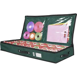 Wrapping Paper Storage Container Under Bed Gift Wrap Organizer for 30 Inch Rolls 31”x13.5”x4.5” 600D Oxford Material Box Holder with Pockets for Ribbon Bows Accessories Green