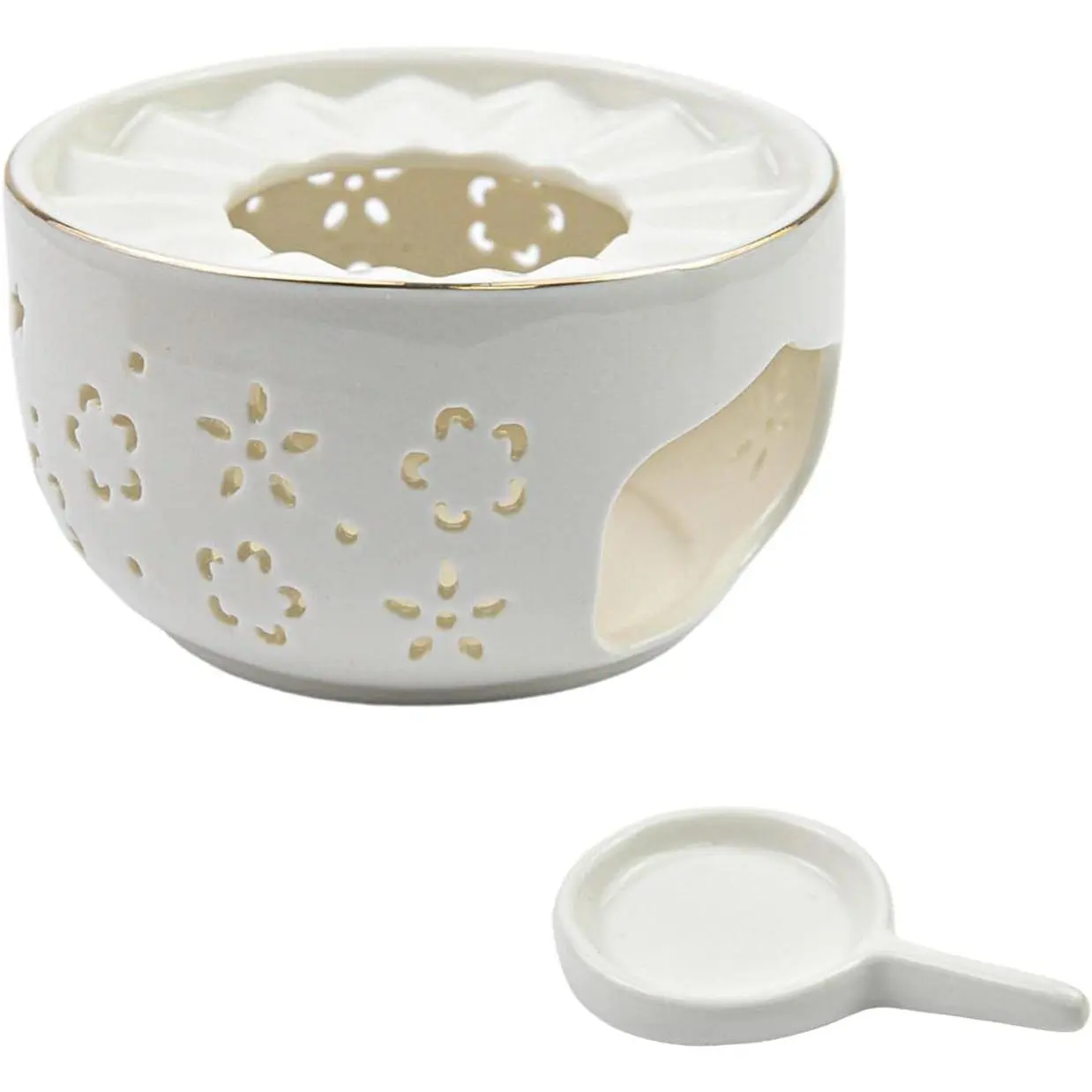 Dnyta Teapot Warmer White Ceramic Tea Warmer for Office and Home Tea Lovers | High Temperature Resistant Teapot Heater with Tealight Holder, Plum blossom Openwork Design, for Heating Milk, Coffee