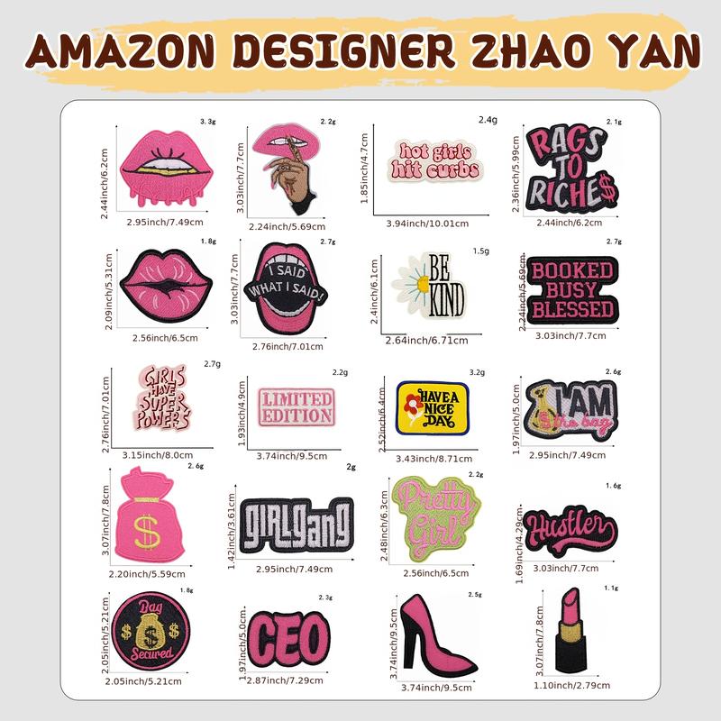 Set of 20 Hot Pink Iron-On Patches Designed for Hats, Perfect for Cool. These Embroidered Patches Can Be Sewn Onto Jackets, Backpacks, And Clothing, Making Great Accessories for Women And .