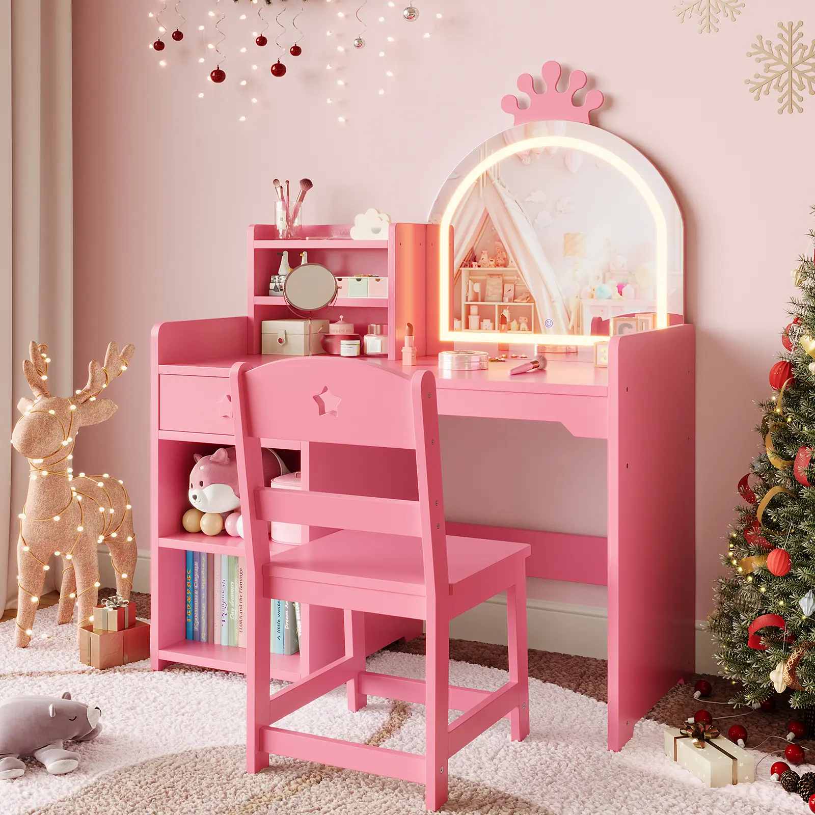 Princess Vanity Table & Chair Set for Kids – LED Crown Mirror, Open Bookshelf, Drawers, Storage Cabinet – 2-in-1 Makeup Desk & Study Table – Girls Bedroom or Playroom – Purple & Pink