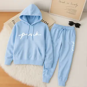 Women's Pink Letter Print Hoodie And Drawstring Track Pants Set, Casual Sportswear, Long-Sleeved Hooded Jacket And Pants, Suitable For Autumn And Winter, Everyday Wear, Indoor And Outdoor Sportswear, Casual Sportswear