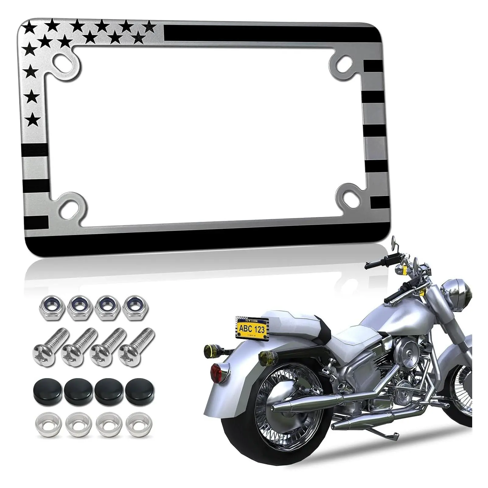 Motorcycle License Plate Frame with Flag Mount, Stainless Steel, USA Patriotic Heavy-Duty Metal Bracket, Mounting Screws Nuts Caps, 1 PackGift