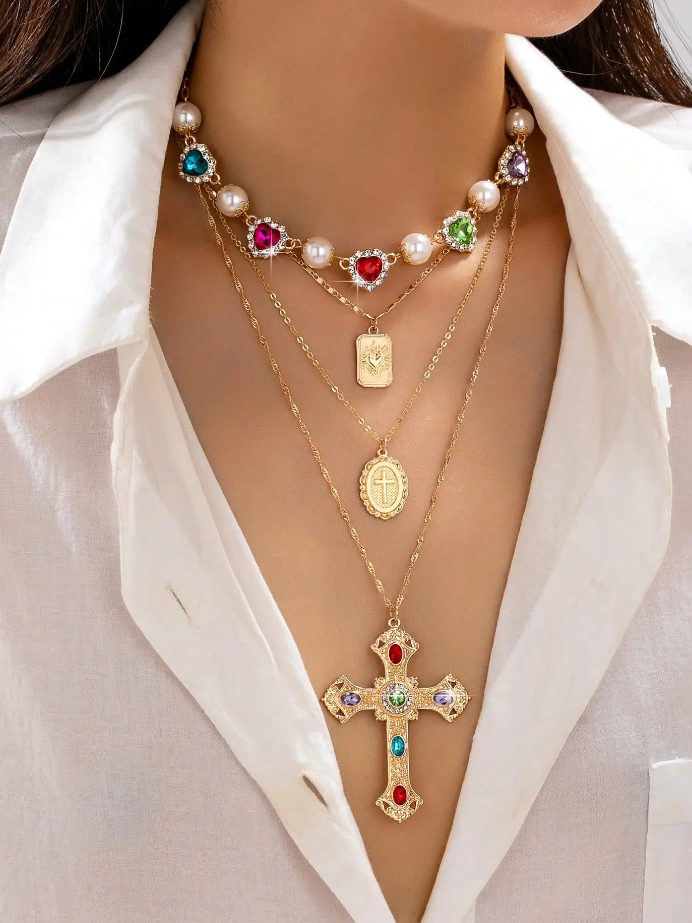 4 Pcs Vintage Multilayer Cross Pendant Necklace Set, Gold Plated Chain Pearl Colorful Rhinestone Heart Choker, Sacred Tag Cross Pendant Necklace, Necklace Gift