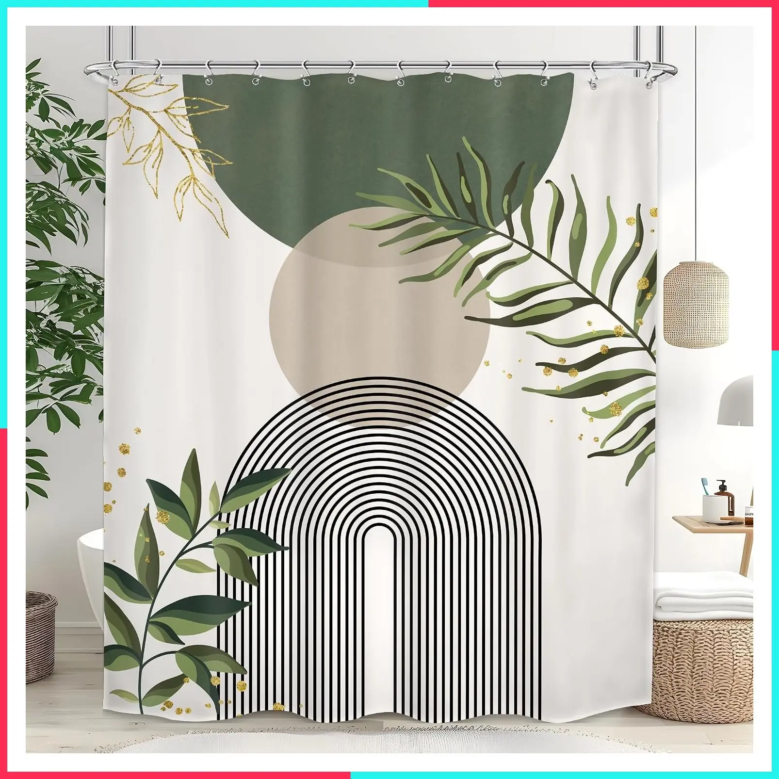 Sage Olive Green Boho Shower Curtain, Bohemian Modern Bathroom Decor