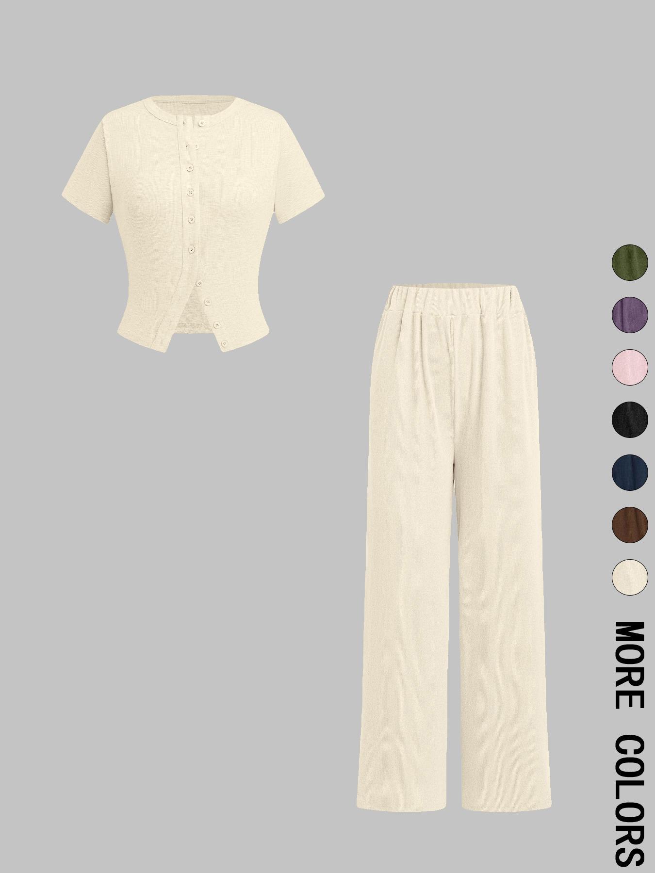 Women's Solid Ribbed Basic Crop Top & Wide Leg Pants Two-piece Set, Casual Fashion Cozy Fitted Top & Trousers for Daily Outdoor Wear, Ladies Clothes for All Seasons,Airport Outfit