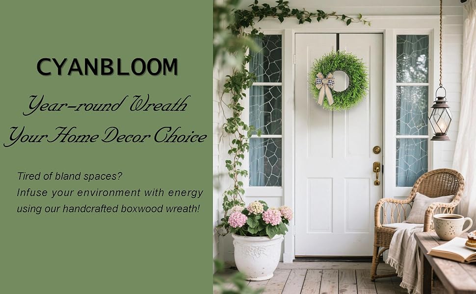 24 Inch Farmhouse Greenery Wreath with Bow – Artificial Boxwood Front Door Wreath for Year-Round Home Décor, Rustic Wall & Entryway Decoration