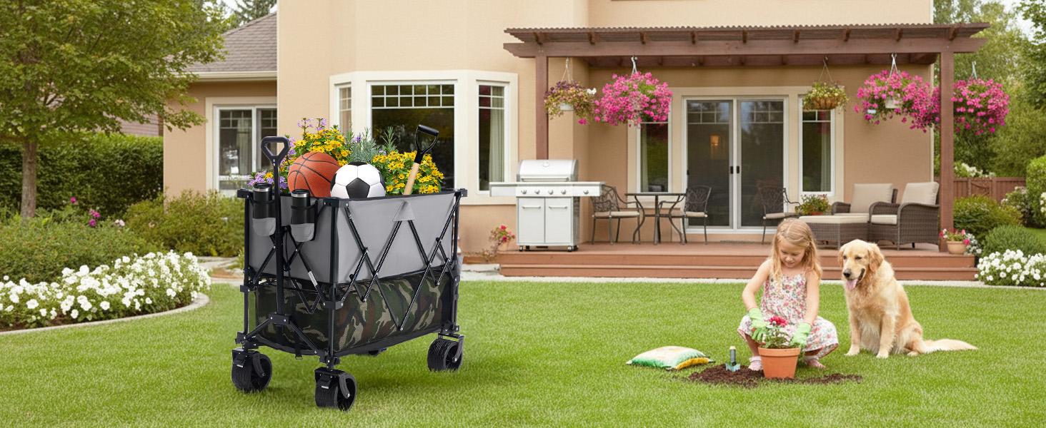 Wagon Cart Collapsible Double Decker 440 lbs Heavy Duty Wagon with All-Terrain Wheels & Adjustable Handle, Portable 400L Storage Utility Cart for Garden, Camping, Sports, Shopping (Grey)