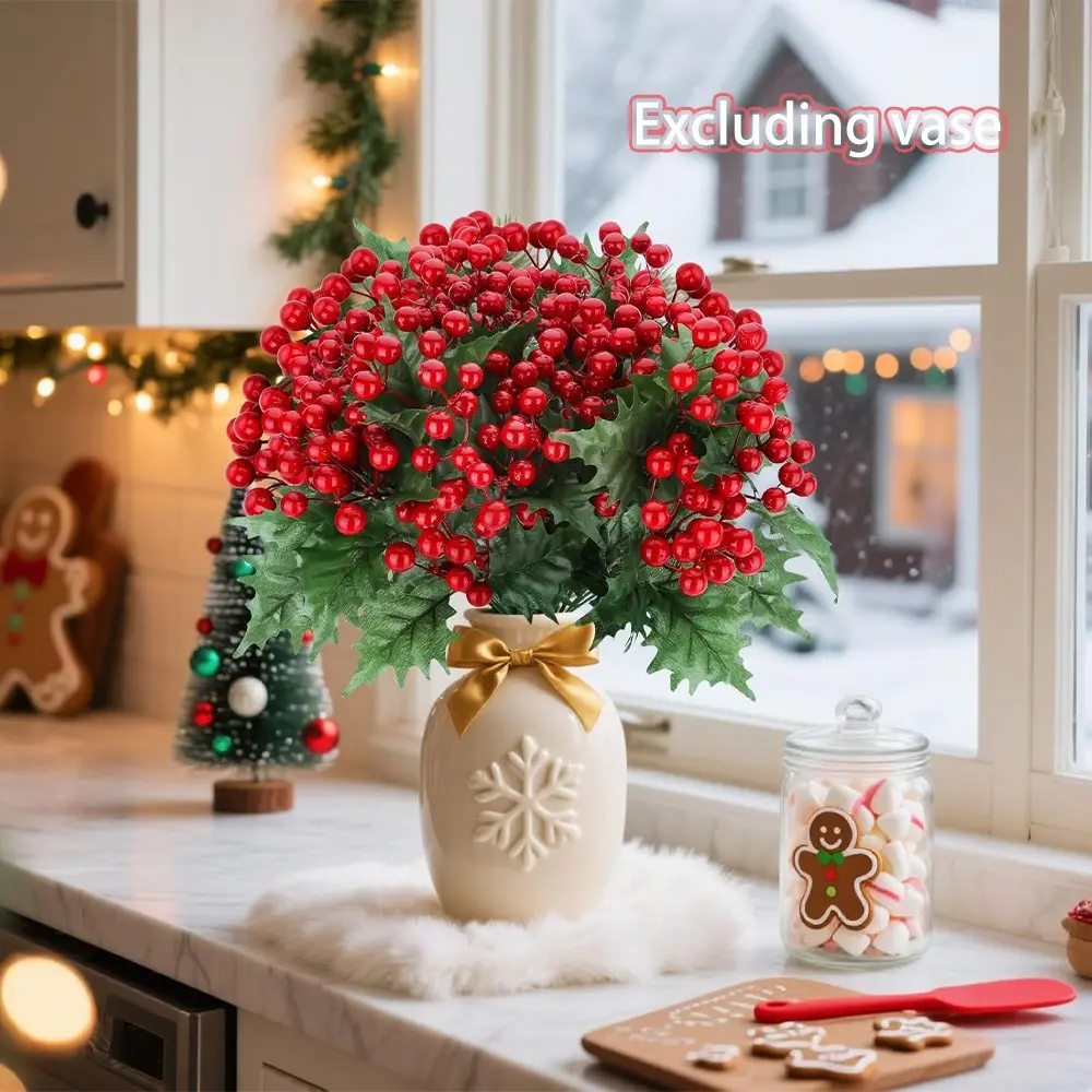 8 Bundles Artificial Christmas Flowers with Berry Stems, Fake Norfolk Pine Garland Branches, Winter Decor, DIY Craft Supplies, Decorative DIY Centerpiece