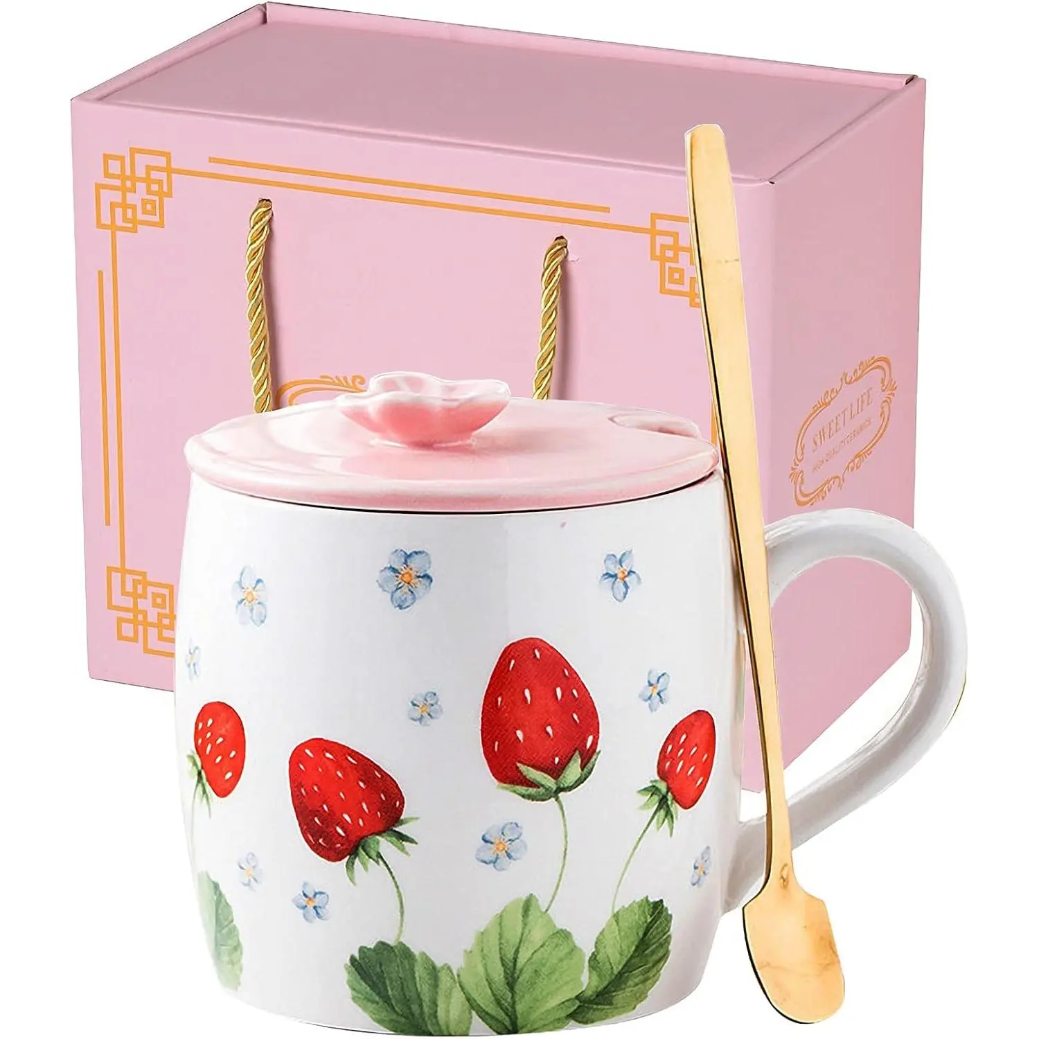 13.5oz Cute Strawberry Ceramic Coffee Mug with Lid  Spoon  Cup Cute Mugs for Women  Colleague  Gifts