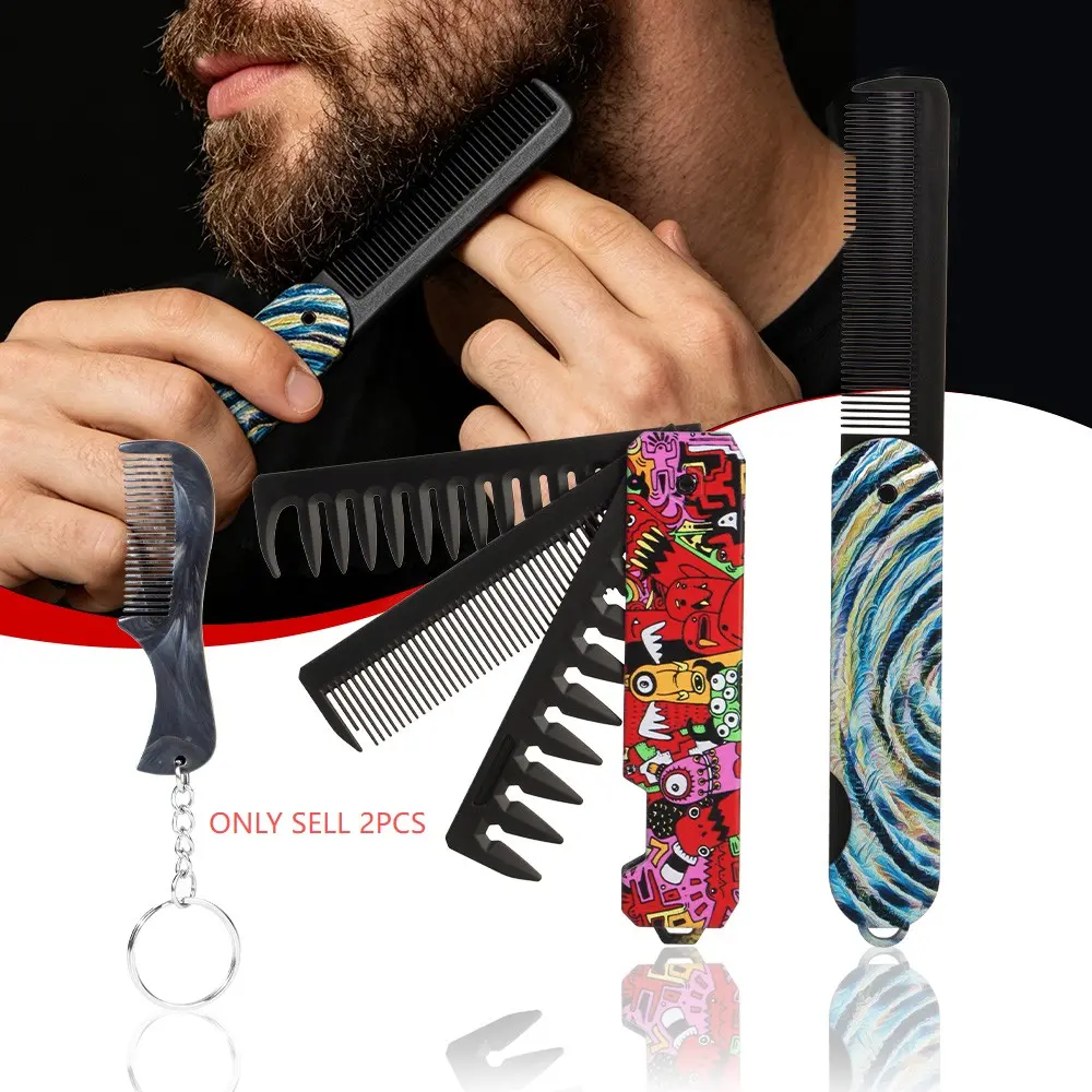 Men's Haircut Comb Set, Foldable Comb + Keychain Beard Brush, 2-Piece Combo, Textured Comb and Beard Brush for Stylish Oil-Backed Hairstyles, Barber Comb, Abs Plastic Combs