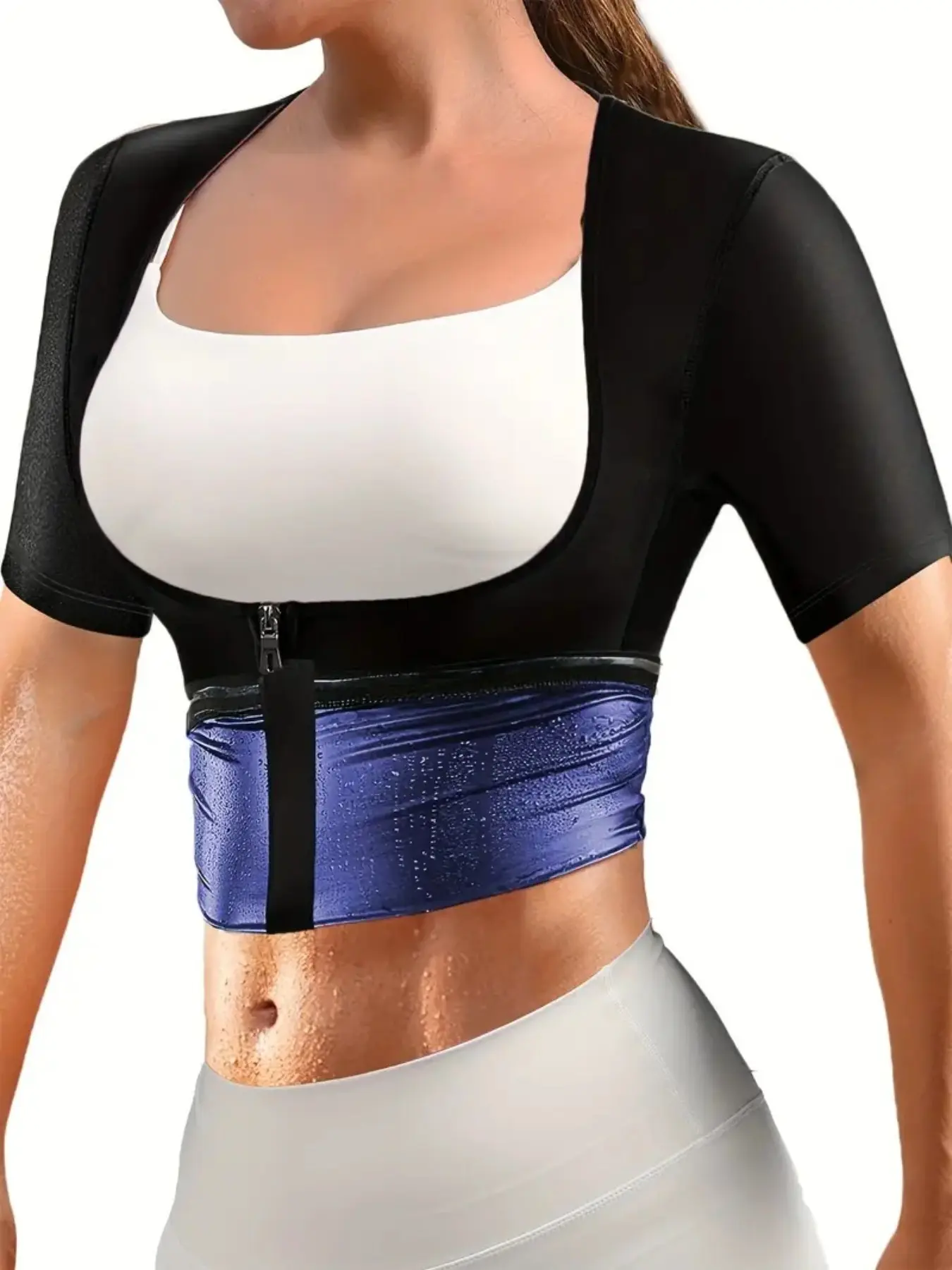Women's Sweatshirt Short Sleeve, Sporty Fitness Shaping Sauna Top, Waist and Abdomen Training Fat Burning Upper Garment