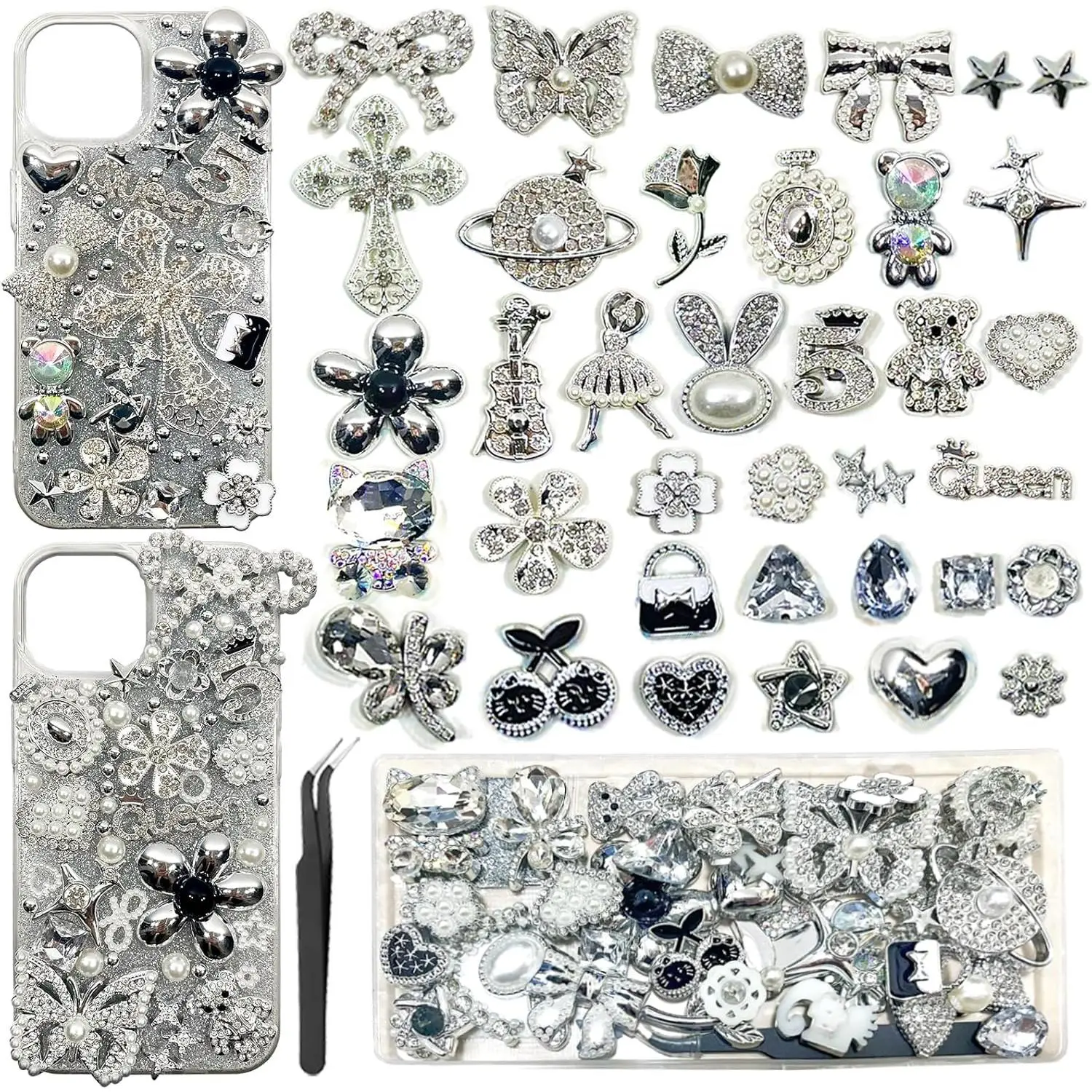 Junk Case Charms Kit, Pink y2k Glitter Phone Case Charm with Storage Box, Kawaii DIY Accessories for Bags, Shoes, Crafts,Cute Bow,Resin Flat Bottomed Drill,Star Letters,Butterfly
