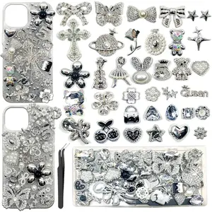 Junk Case Charms Kit, Pink y2k Glitter Phone Case Charm with Storage Box, Kawaii DIY Accessories for Bags, Shoes, Crafts,Cute Bow,Resin Flat Bottomed Drill,Star Letters,Butterfly