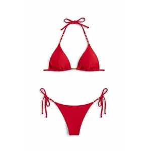 2026 Women's Red Bikini Set, Triangle Halter Top with Gold Bead Accents, Tie-Side Bikini Bottom with Matching Gold Details, Two-Piece Bathing Suit for Beach & Vacation