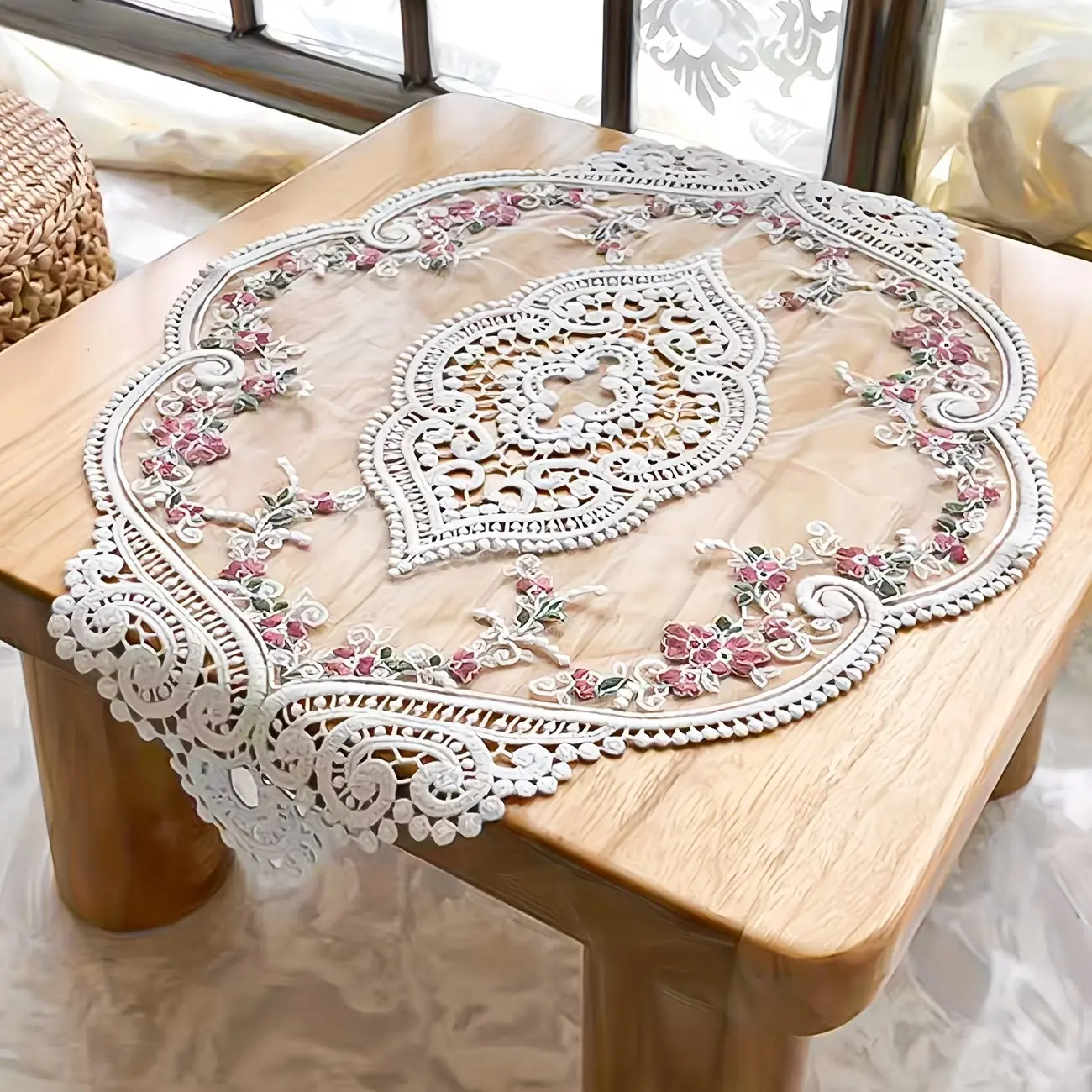 2 Piece Lace Table Mats, Vintage French Style, Crochet Embroidered, Elegant Floral Design, 14x10 Inches, Home & Restaurant Decor, Table Placemats