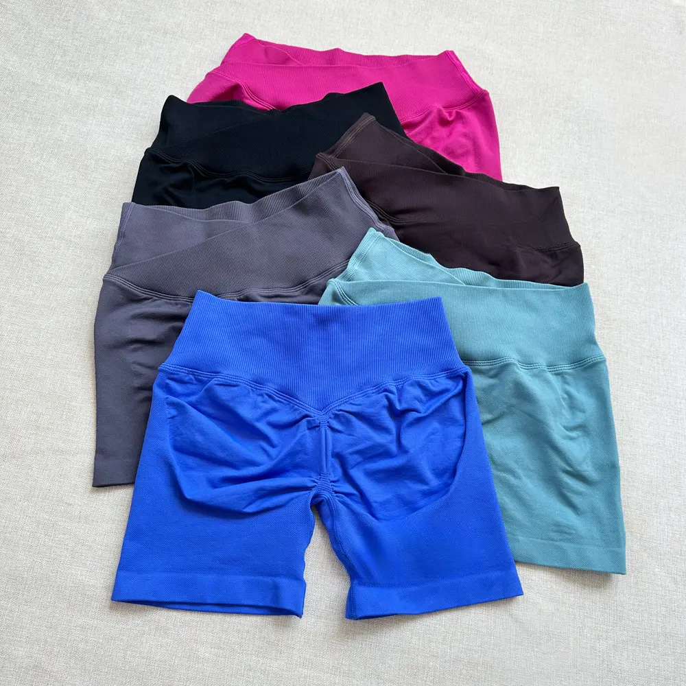DFYNE Women's Seamless Crossover Waistband 3 Inch Gym Shorts High Waisted Workout Shorts