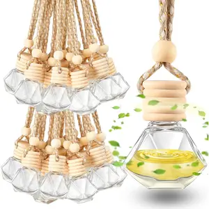 Rtteri 100 Pcs Hanging Car Air Freshener Diffuser Bottles Empty Glass Perfume Diffuser Vials Refillable Oil Aromatherapy Pendant with Wooden Caps and Hanging String for Car Home Office Decor(Diamond)