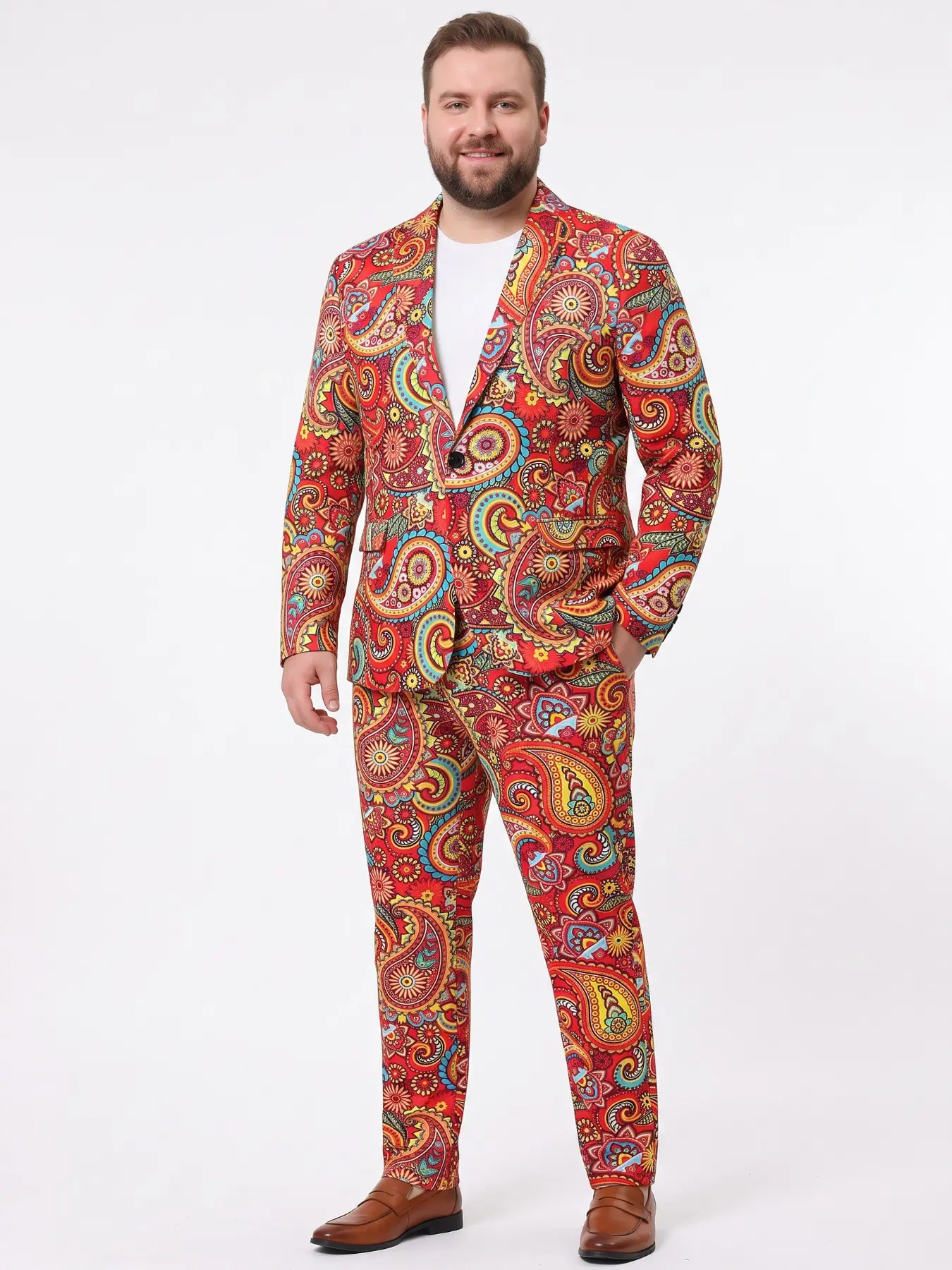 Plus-Size Men's Red-Soled Colorful Paisley Suit, Vintage Trendy Men's Printed Suit Set