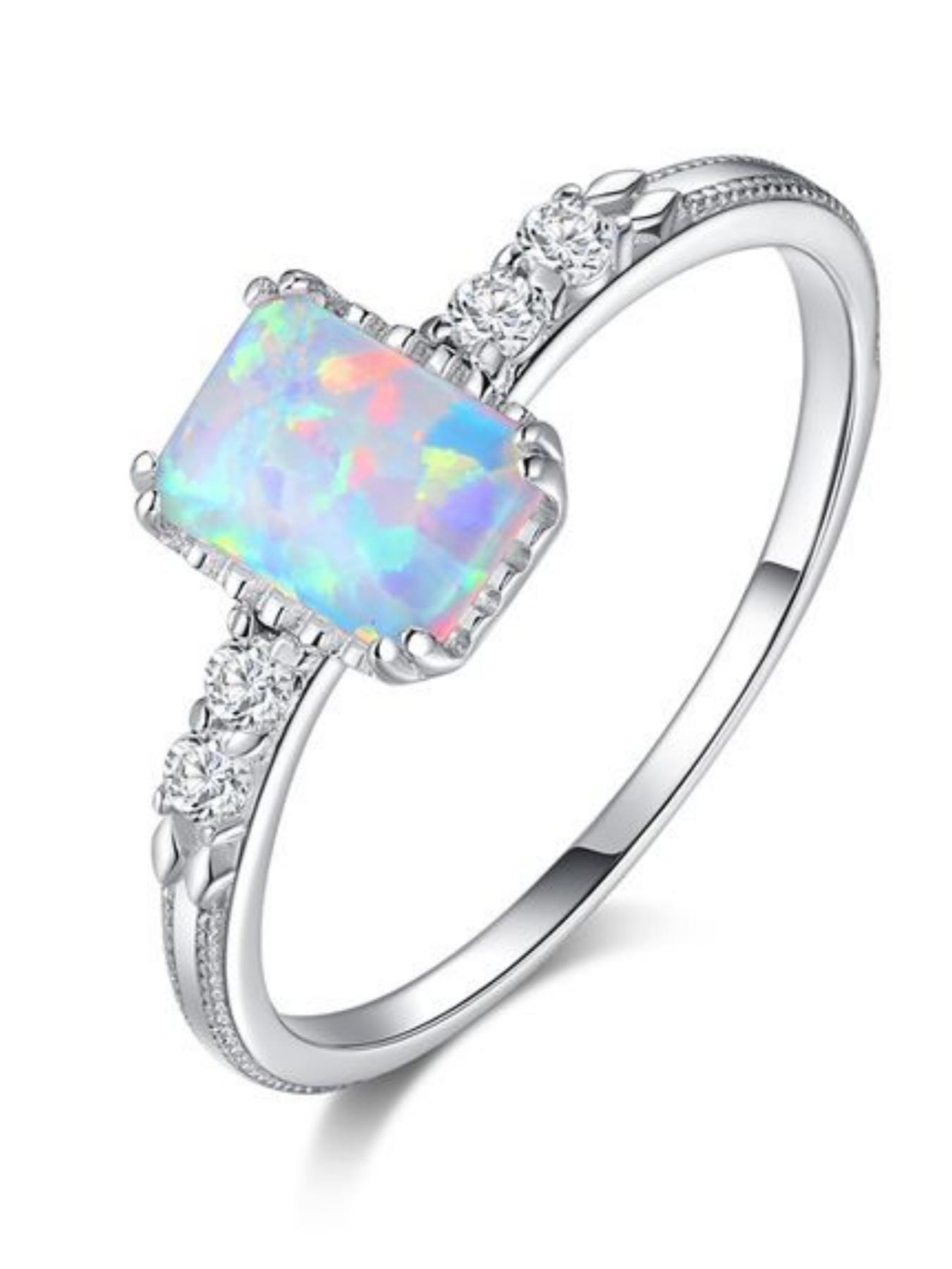 S925 Sterling Silver Fashion Rectangle Shaped Artificial Opal Ring, with Box, Simple Ring for Women, Trendy All-match & Exquisite Jewelry for Birthday Gift, Elegant Casual Ring
