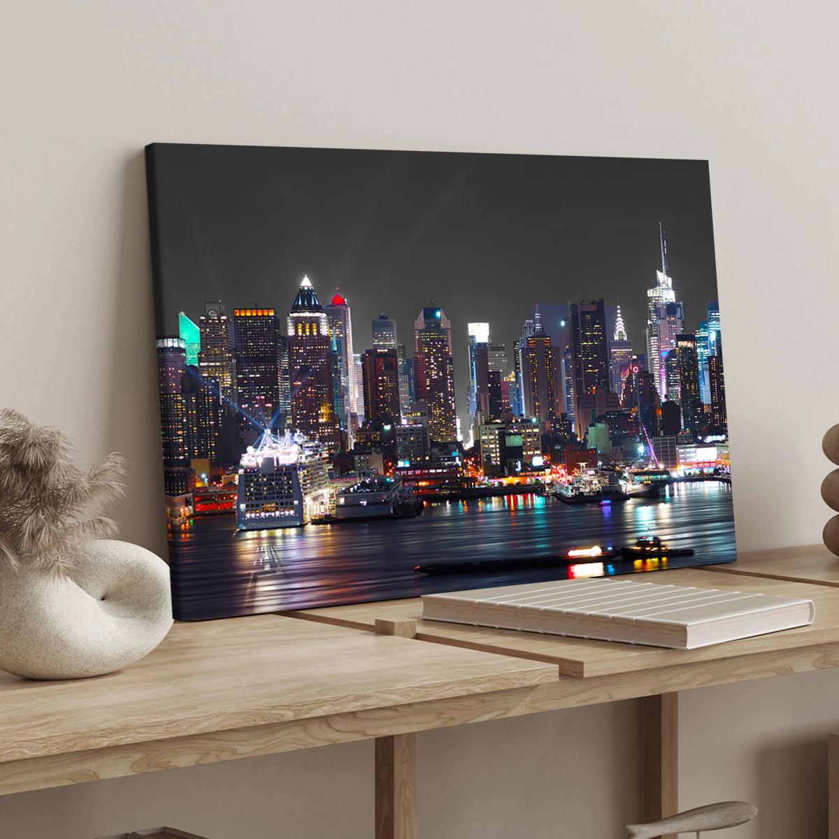 New York City Night View Canvas Print with Frame, Modern Art Decoration, Living Room Bedroom Decoration, Hallway Office Mural, Ideal Gift, Poster