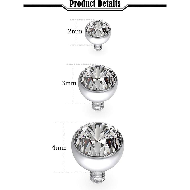 14G Dermal Tops Internally Threaded 316L Surgical Steel Dermal Anchor Clear Cubic Zirconia Dermals Piercing  for Women Men Top Size 2mm 3mm 4mm