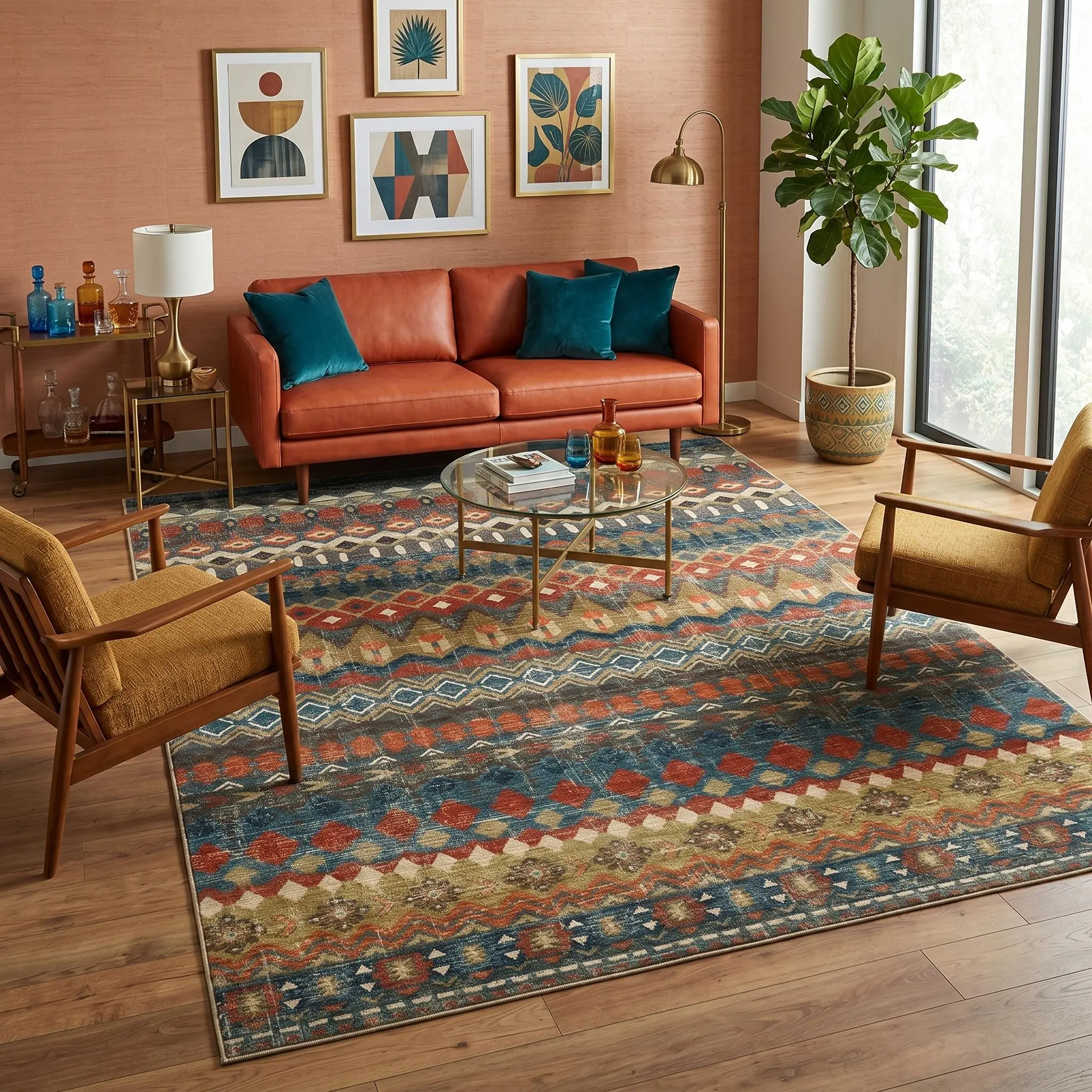 Vintage Geometric Area Rug Thin Low Pile Non Slip Machine Washable Soft Floor Carpet High Traffic Durable Pet Friendly Indoor Mat Western Boho Farmhouse Decor for Living Room Bedroom Kitchen Office Apartment Hallway Dining Room