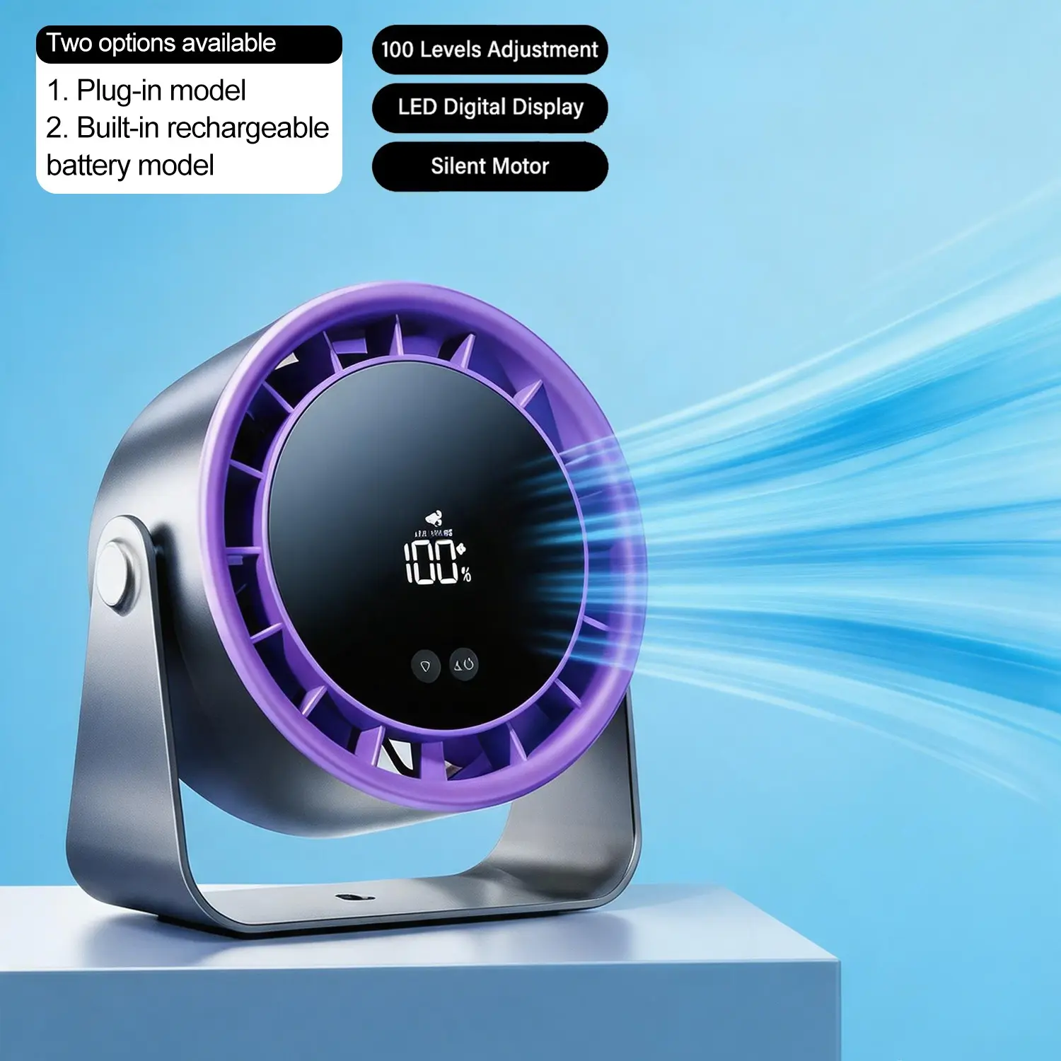 Wall-Mounted Desktop Fan, Ultra-Quiet USB Rechargeable Fan 35db, 100 Speeds with Digital Display, 360° Rotatable, 10h Long Battery Life