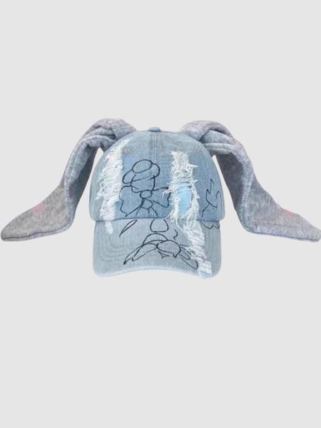 Unisex Wasteland Style Bunny Ear Baseball Cap, Adjustable Snapback Cap, Punk Denim Trucker Hat with Chain, Streetwear Hip Hop Costume for Halloween Party