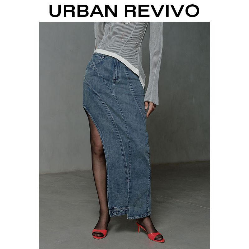 URBAN REVIVO Women's Deconstructed Denim Half Skirt  UWA840021 Casual Outfit 2025 Women Clothing Girl Elegant Fashion Trendy and Versatile OOTD