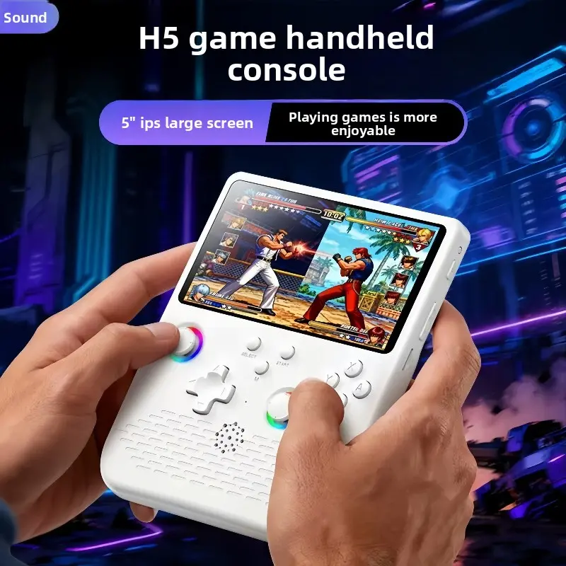 5-Inch HD Display H5 Retro Handheld Game Console, Open Source Linux OS, RGB Ambient Lighting, Double Joysticks, Portable Nostalgic Single Unit Gaming Device, Rgb Lighting