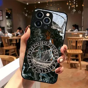 Tempered Glass Phone Case with Viking Ship & Rune Art Pattern - Black, High-End Business Style, Fashionable Simple Trendy Protective Cover for iPhone 17 Air, 16, 15 Pro Max, 14 Plus, 13, 12, 11 Smartphones, Cellphone Handheld Devices Accessories for Men