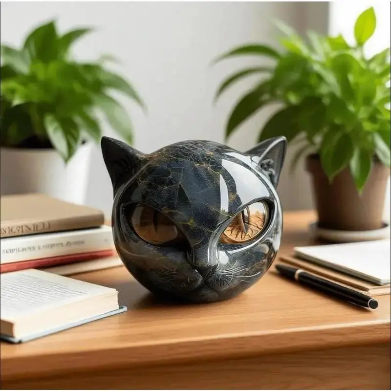 Cat Stone Sculpture Figurine, Handcrafted Marble-Look Resin Statue Decorations, Amber Eyes, Elegant Shelf Decor for Home or Office