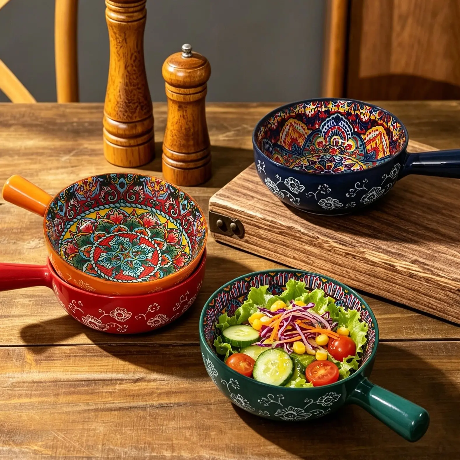4pcs Bohemian Ceramic Bowls with Handles, 9-Inch Serving Dishes, Microwave & Refrigerator Safe, Ideal for Pasta & Salads, Perfect for Parties, Decorative Bowls