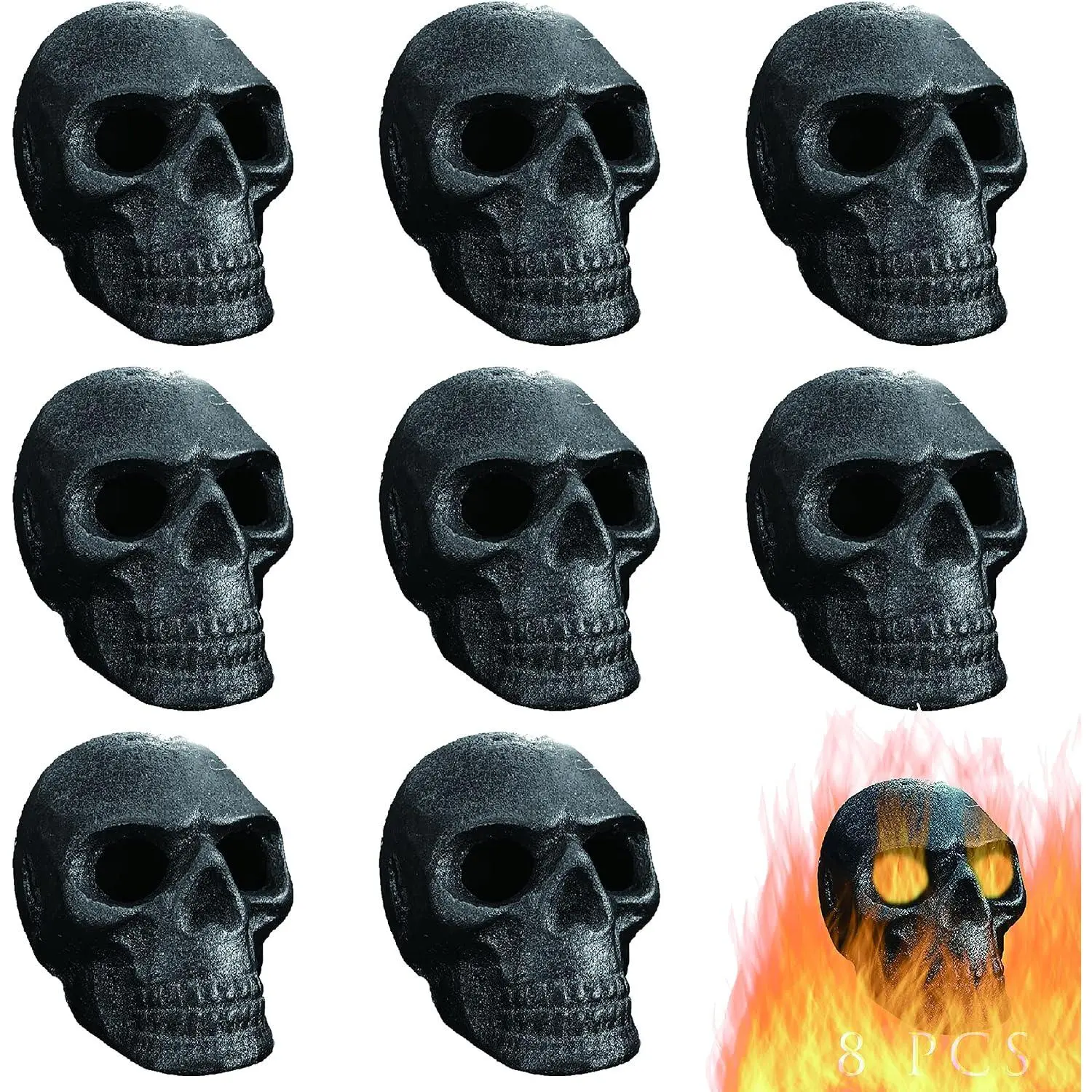 8 PCS Decorative Metal Imitated Human Skull Gas Logs (2.3 in) - Fireproof, Durable (10+ Years), Charcoal Compatible, Default Box Included, Modern Home/Garden Decor for Indoor/Outdoor Fireplaces, Fire Pits