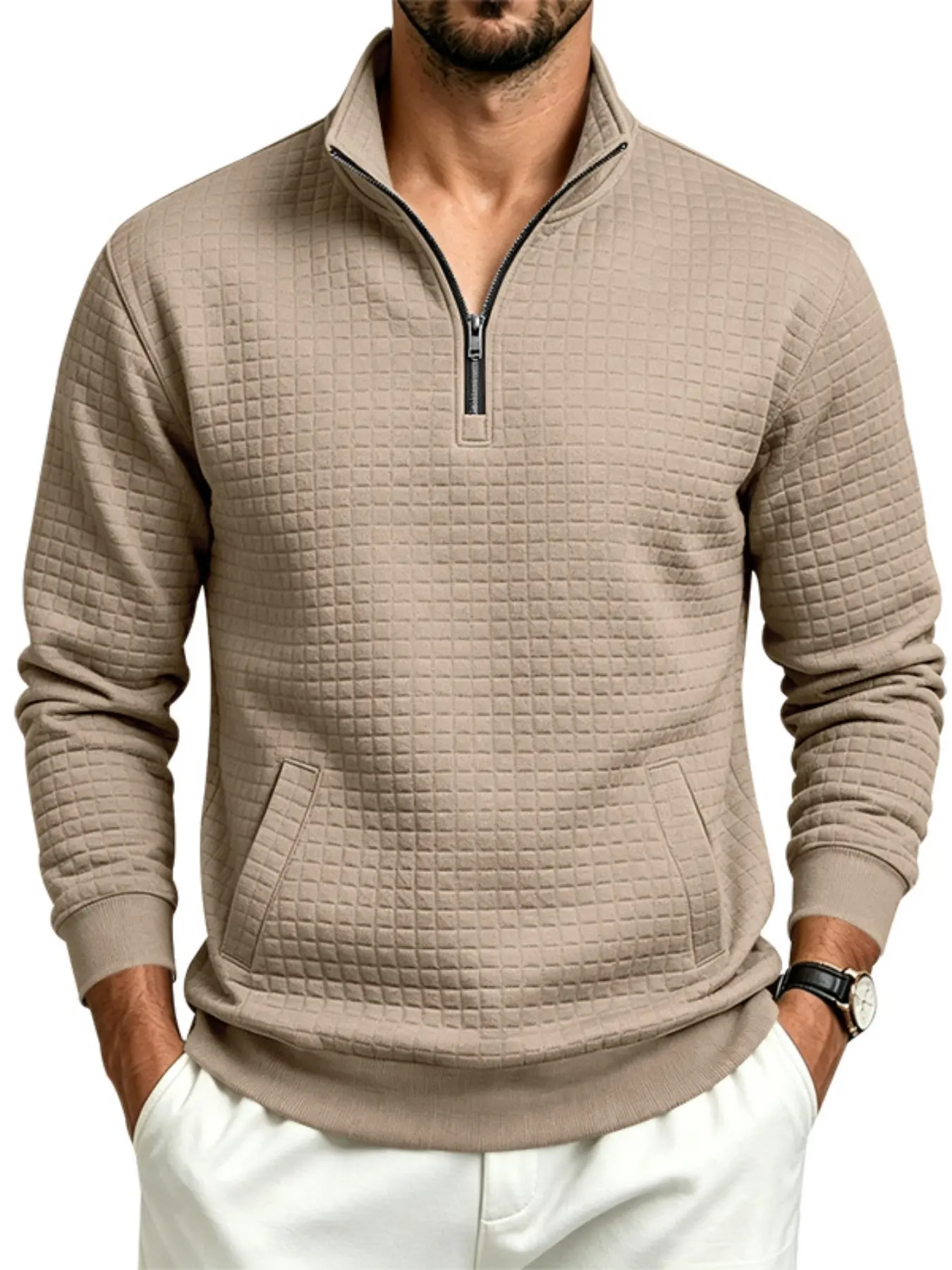 Men's Waffle Grid Quarter Zip Pullover Sweatshirt, Mock Neck Long Sleeve with Pockets, Textured Casual Fall Winter Smart Casual Top