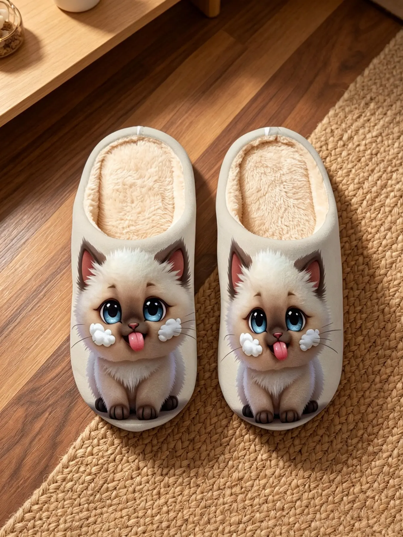 Women's Cute Cat Pattern Slippers, Comfortable Plush Indoor Shoes, Warm Bedroom Slippers, Cozy Holiday Gift, All Seasons Casual Footwear