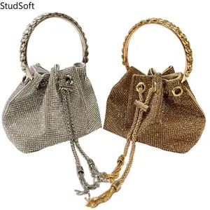 Rhinestone Evening Clutch Bag Luxury Drawstring Bucket Purse Gold Silver Handbag Sparkly Crystal Top Handle Shoulder Pouch for Wedding Party Club