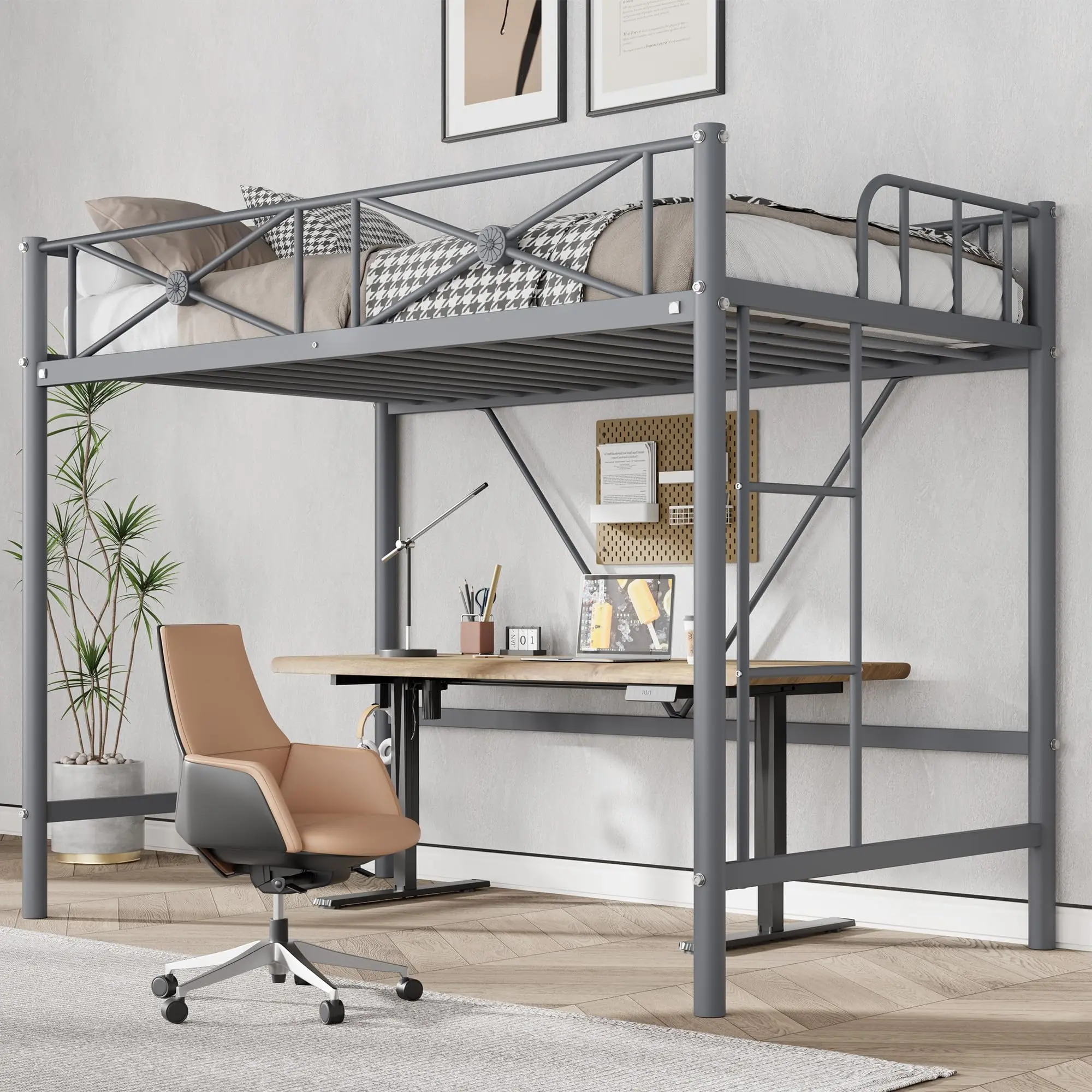 Heavy Duty Metal Twin Size Loft Bed Frame with Safety Rails, 400lb Capacity, Space-Saving Noise-Free Industrial Look Design, Grey/White/Black for Bedrooms & Schools