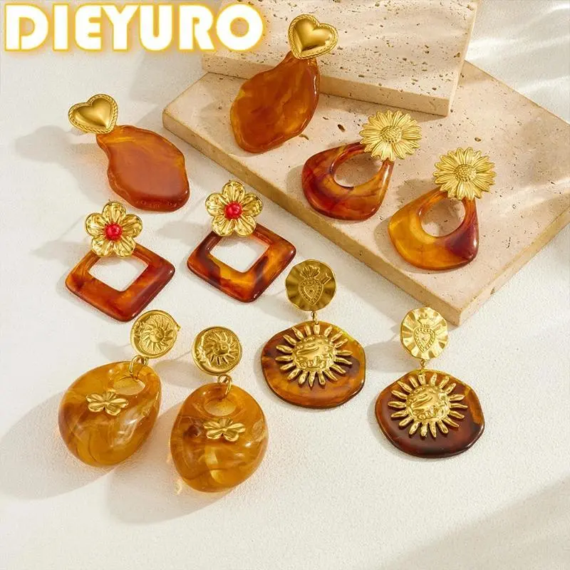 Female Golden Geometric Sun Pendant Earrings - 316L Stainless Steel, Amber Resin Accents, Non-Fading Artificial Gemstone Glamorous Jewelry