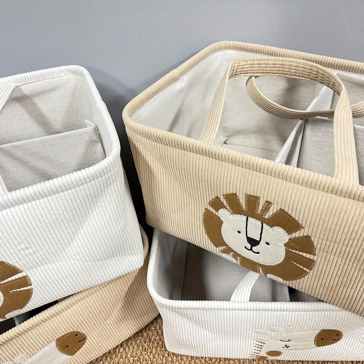 Cute Cartoon Lion Storage Basket with Handle & Divider, Portable Diaper Caddy Organizer for Baby Nursery, Toy & Clothes Storage Bin for Home