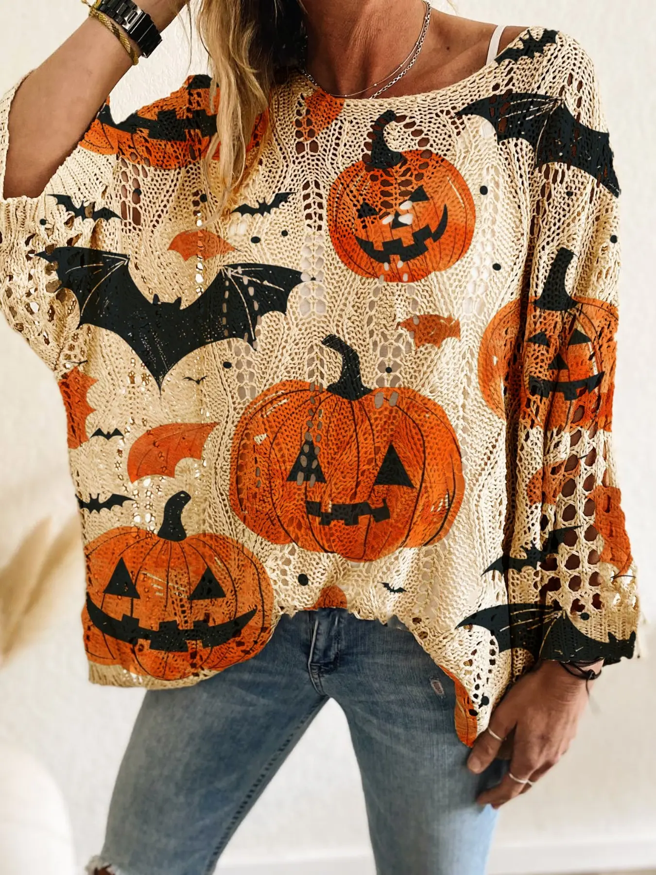 Halloween Pumpkin Bat Cutout Sweater, Loose Fit Bat Sleeve Casual Top, Stylish Halloween, Comfortable and Trendy Design