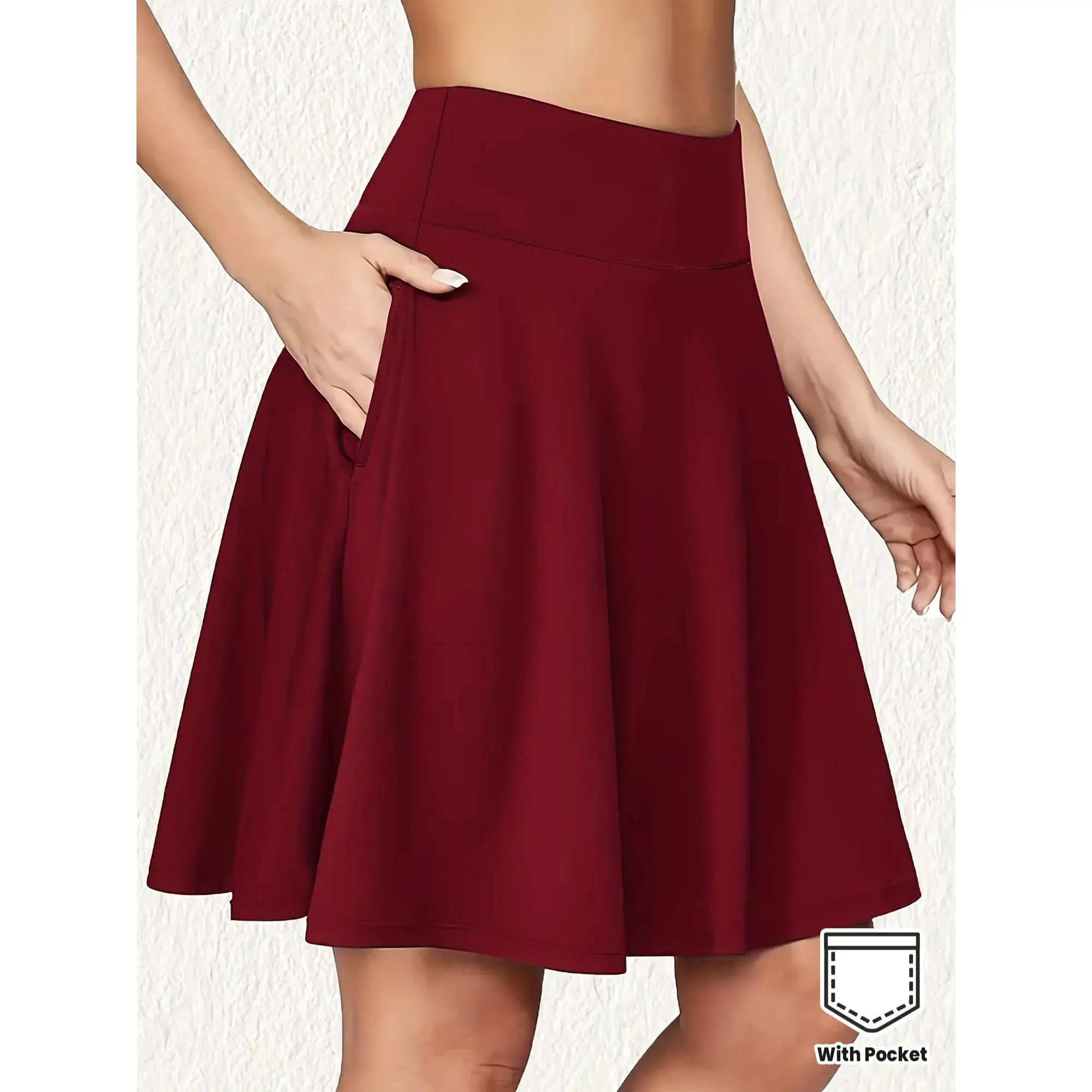 Women's High-Waist 2-In-1 Mid-Length Polyester Sports Skort - Knee-Length Active Skirt Style With Inner Shorts, Pockets, Quick-Dry Fabric For Golf/Yoga/Fitness