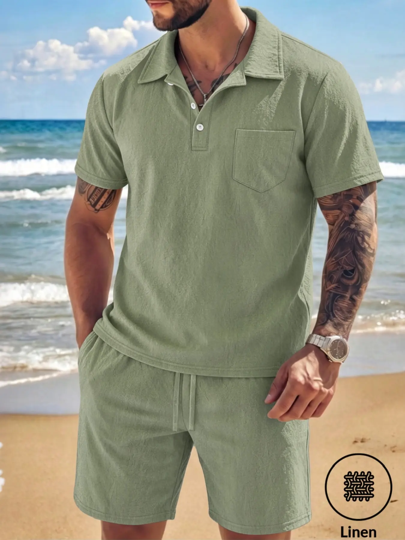 Men's Linen 2-Piece Set, Solid Color Collar Three-Button Pocket Polo Shirt + Elastic Waist Drawstring Straight Shorts, Summer Casual