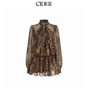 Cider Chiffon Leopard Print Stand Collar Ruffled Oversized Babydoll Mini Dress