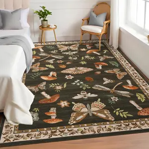 Washable Insect Print Area Rugs for Living Room, Soft Washable Rugs for Bedroom Ultra-Thin Large Non Slip Modern Rug, Mushroom Floral Print Throw Rug Carpet for Nursery Office Dining Room