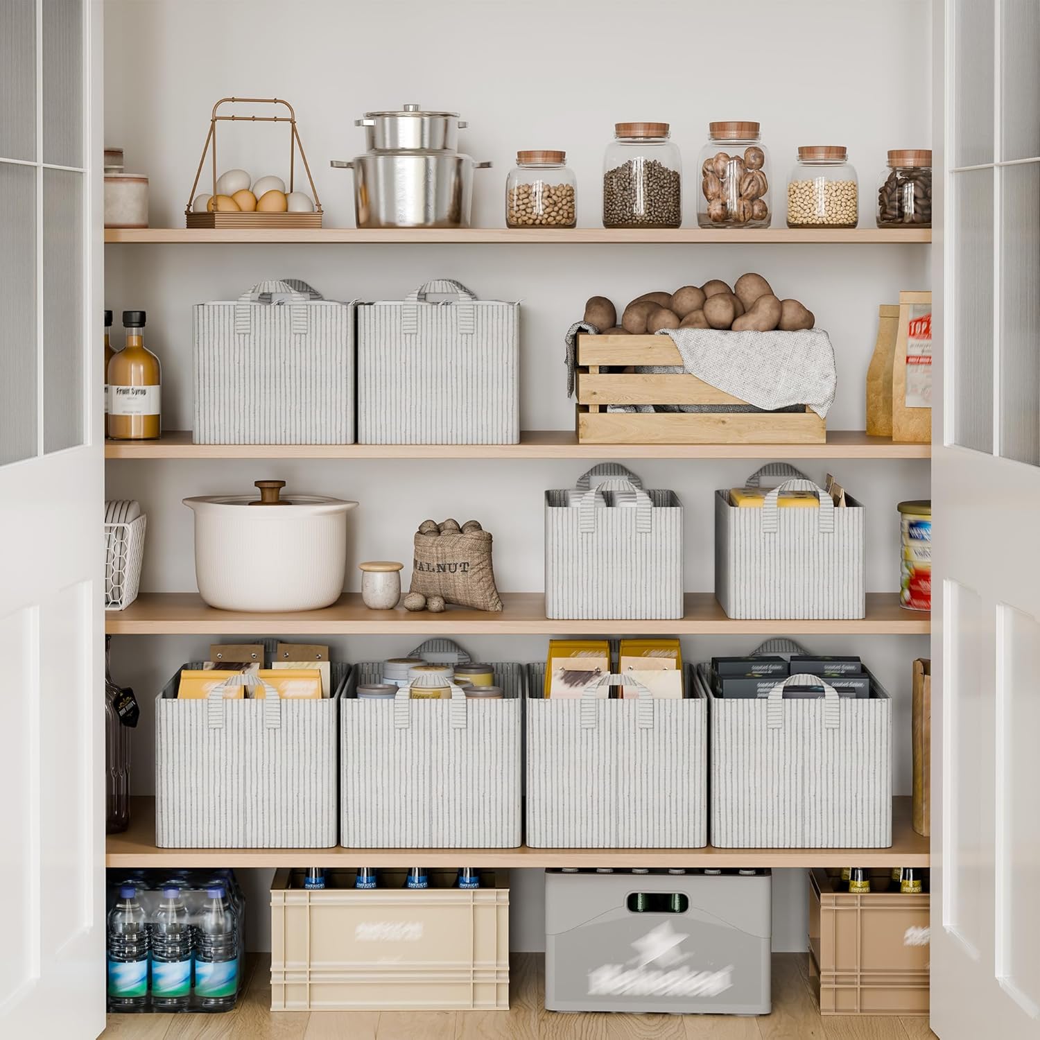 2-Pack Large Fabric Storage Bins for Shelves, Khaki and Beige Striped Storage Baskets with Metal Frame and Handles, Foldable Closet Organizer Bins