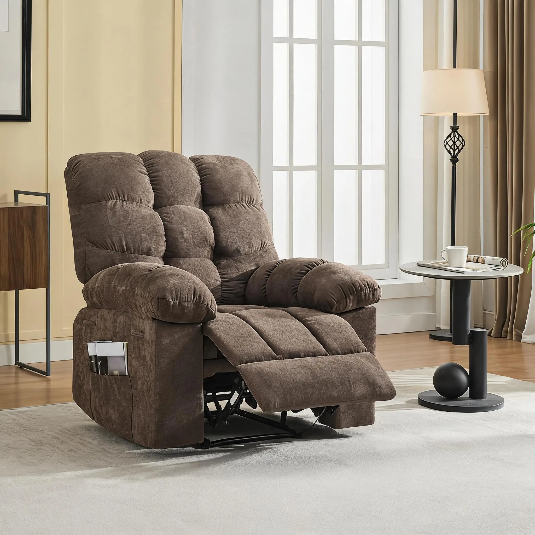 Wide Overstuffed Massage & Heat Rocking Recliner Chair - Ergonomic Single Sofa Lounger, Remote Control, Breathable Upholstery, Dual Side Pockets